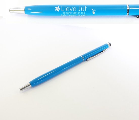 Stylo bleu avec l'inscription "Chère enseignante Merci de m'avoir aidé à grandir" et décorations florale et végétale.