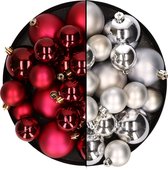 Kerstversiering kunststof kerstballen kleuren mix donkerrood/zilver 6-8-10 cm pakket van 44x stuks