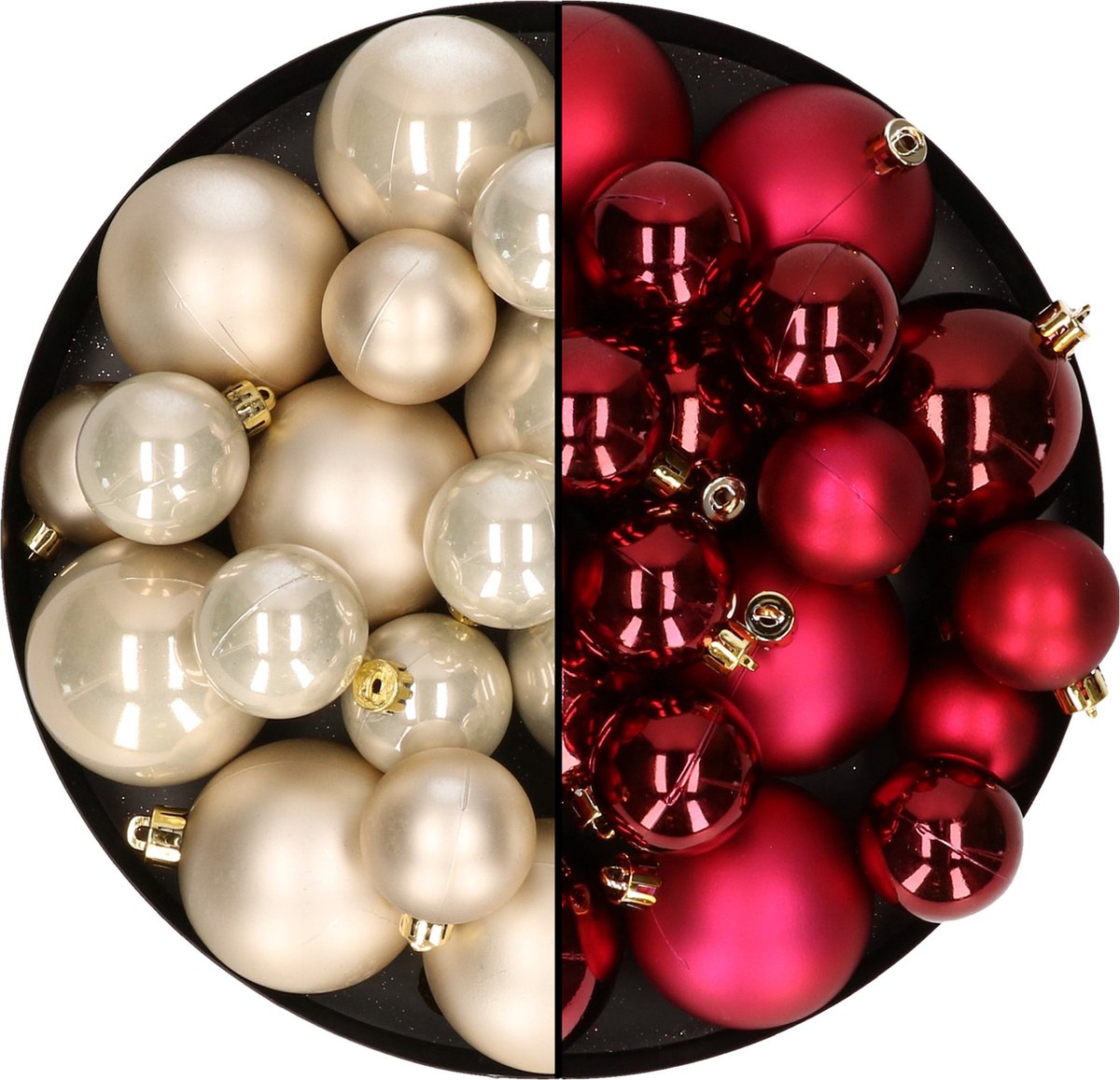 Kerstversiering kunststof kerstballen kleuren mix champagne/donkerrood 6-8-10 cm pakket van 44x stuks