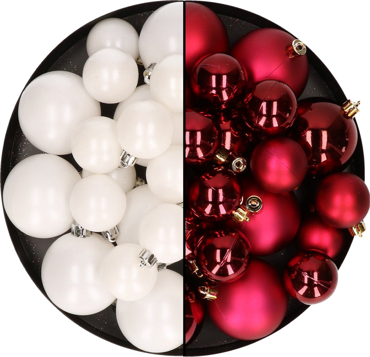 Kerstversiering kunststof kerstballen kleuren mix donkerrood/winter wit 4-6-8 cm pakket van 68x stuks