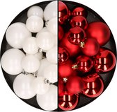 Kerstversiering kunststof kerstballen kleuren mix rood/winter wit 4-6-8 cm pakket van 68x stuks