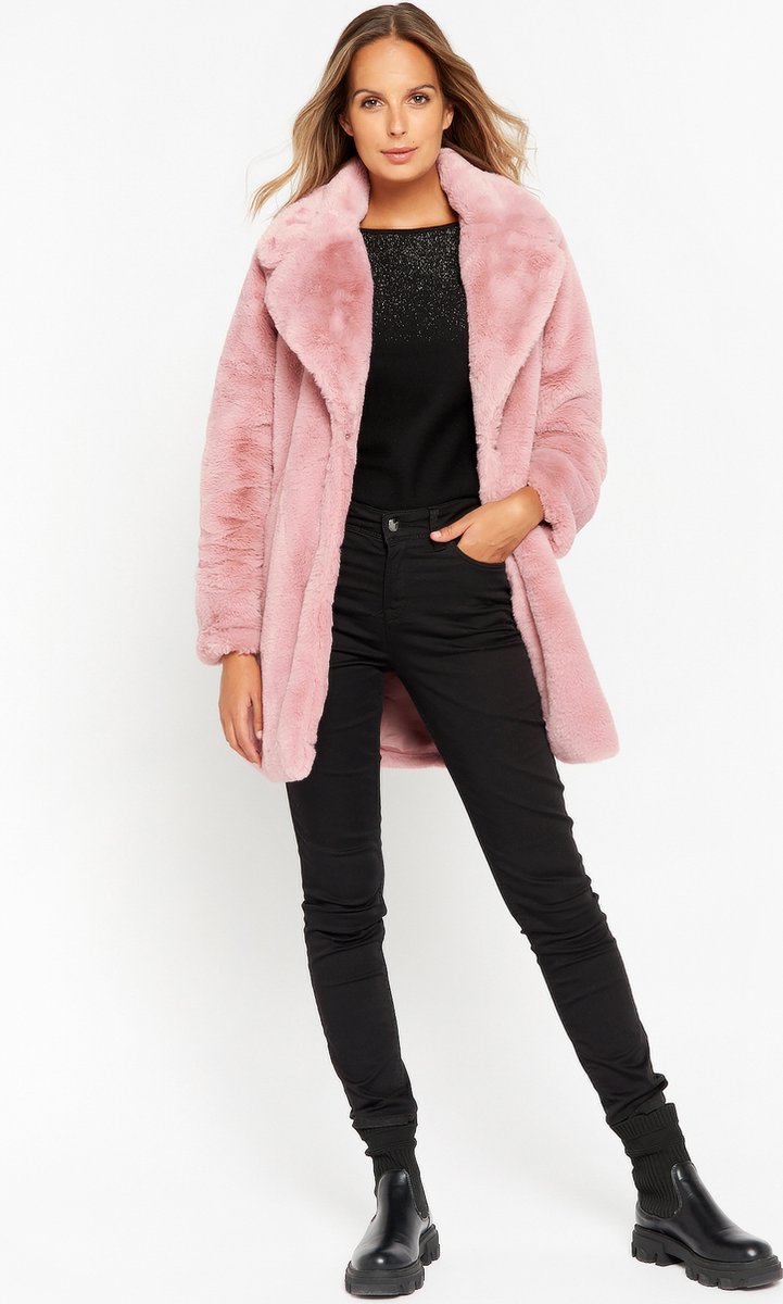 LOLALIZA Lange faux fur jas - Licht Roze - Maat M