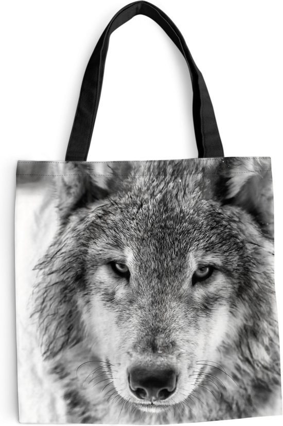 MuchoWow® Schoudertas - Strandtas - Big Shopper - Boodschappentas - Wolf in de winter in zwart-wit - 40x40 cm - Katoenen tas