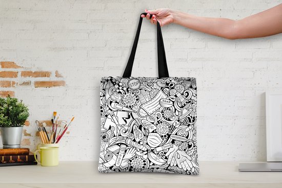 MuchoWow® Schoudertas - Strandtas - Big Shopper - Boodschappentas - Patroon - Corona - Zwart Wit - 40x40 cm - Katoenen tas