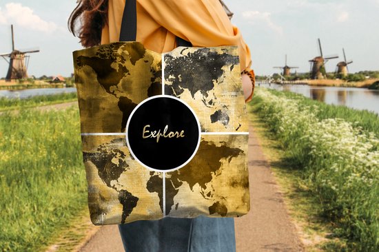 MuchoWow® Schoudertas - Strandtas - Big Shopper - Boodschappentas - Wereldkaarten - Collage - Goud - 40x40 cm - Katoenen tas