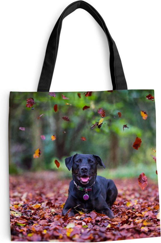 MuchoWow® Schoudertas - Strandtas - Big Shopper - Boodschappentas - Zwarte Labrador Retriever die tussen mooie herfstbladeren ligt - 45x45 cm - Katoenen tas