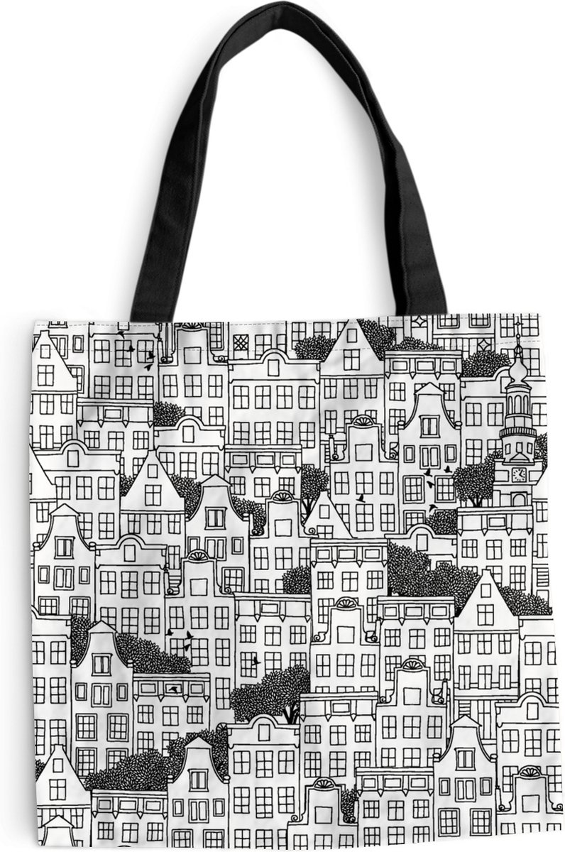 MuchoWow® Schoudertas - Strandtas - Big Shopper - Boodschappentas - Amsterdam - Grachtenpand - Zentangle - 45x45 cm - Katoenen tas