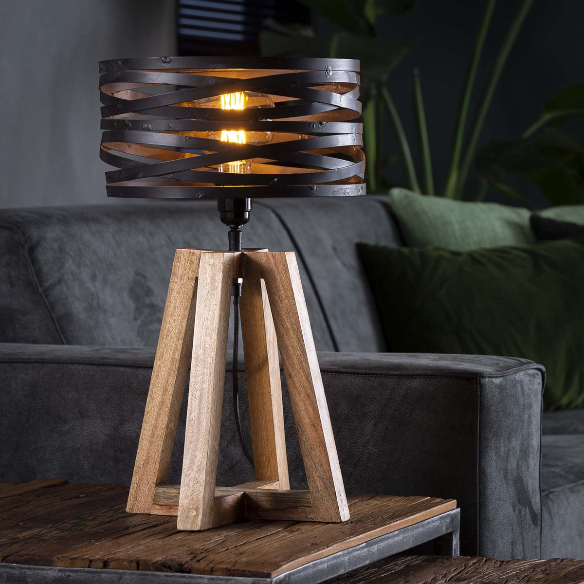 Landelijke tafellamp wikkel houten kruisframe | 1 lichts | bruin | metaal | 50 cm hoog | Ø 29 cm | modern / sfeervol design