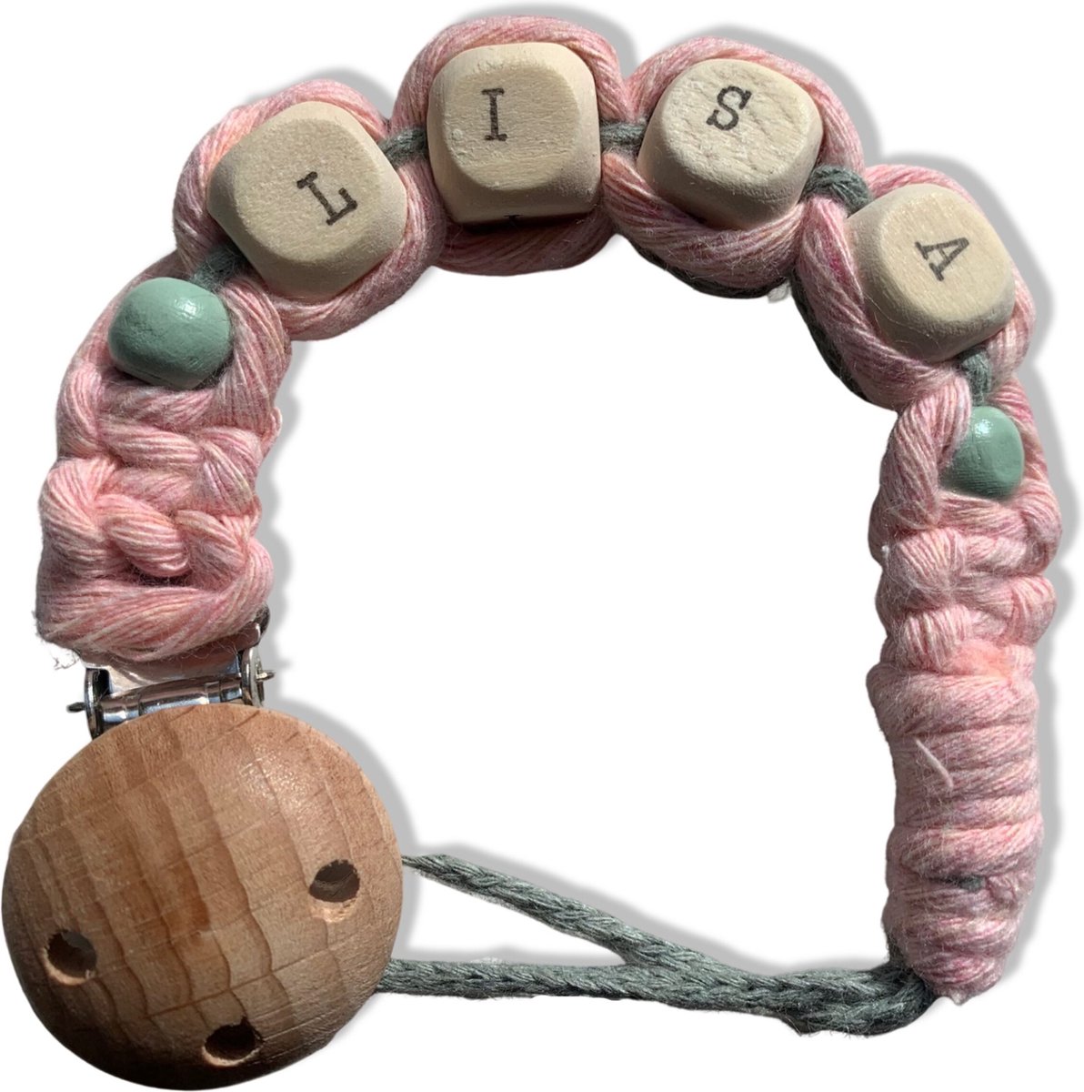 Goedkoopste Gepersonaliseerd Speenkoord 'Bliss' - Mintgroen & Roze - Katoen - Macramé - Handgemaakt in Nederland - Inclusief Verzendkosten - Prijs per Stuk