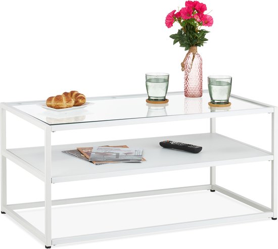 Relaxdays salontafel - woonkamertafel - glazen tafelblad - bijzettafel - modern - wit