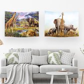 Ulticool – Wandkleed - Safari Dieren Natuur Giraffe Olifant – Set van 2 designs - 73 cm x 95 cm – Schilderij Wandtapijt Stof – Poster Art – Kaki Beige