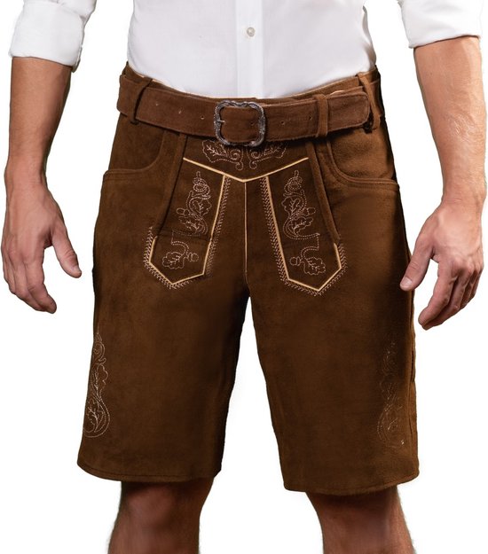 Tannhauser Lederhose Brixental met Riem Echt Leder Kort Oktoberfest Heren Carnavalskleding Heren Lederhosen Man - Leer - Donkerbruin - 5XL