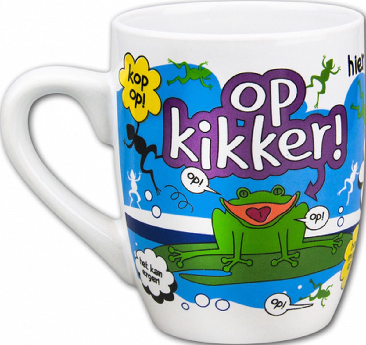 Mok - Cartoon Mok - Opkikker - Gevuld met een toffeemix - In cadeauverpakking met gekleurd krullint