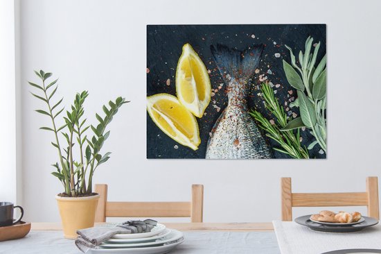 Tableau sur toile Poisson - Citroen - Herbes - 80x60 cm - Décoration murale