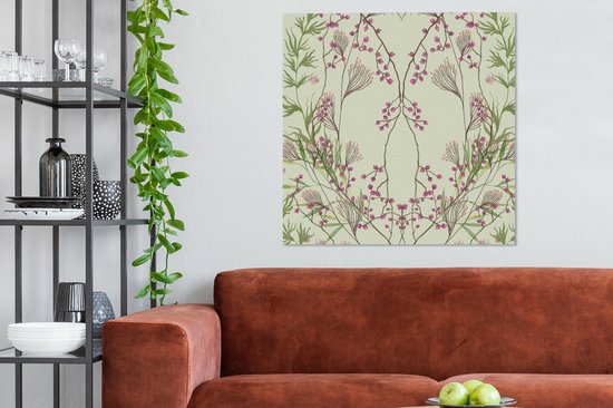 Canvas Schilderij Groen - Pastel - Bladeren - Bloemen - 90x90 cm - Wanddecoratie