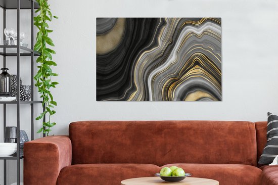 Toile Peinture Marbre - Pierre - Agate - Noir et Or - 140x90 cm - Décoration murale