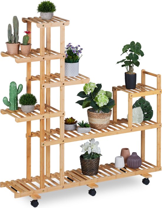 plantenrek - 7 planken - 127 x 120 x 36 cm - bamboe - hoog - wieltjes - binnen - natuur