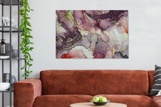 Tableau sur toile Marbre - Rouge - Violet - Or - 140x90 cm - Décoration murale