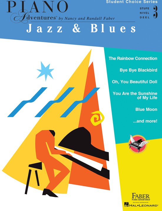 Boekomslag van Piano Adventures Jazz & Blues, met een illustratie van een persoon die piano speelt, in oranje en blauwe tinten. Titel en liedjeslijst in het Engels.