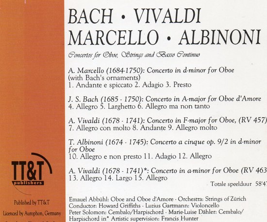 Bach, Vivaldi, Marcello, Albinoni - Concertos voor Oboe, Strijkers en Basso Continuo