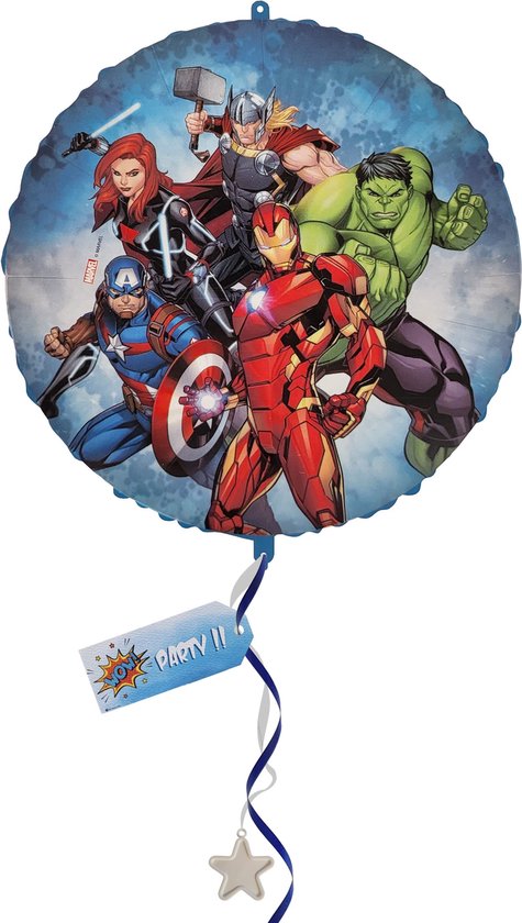 Marvel Avengers Folieballon - opblaasbaar of te vullen met helium - herbruikbaar - 46 cm - incl. papieren rietje, gewichtje en 2 linten 1,5m - ballon - versiering - kinderfeestje - iron man - hulk - captain america - black widow - Thor - met tag