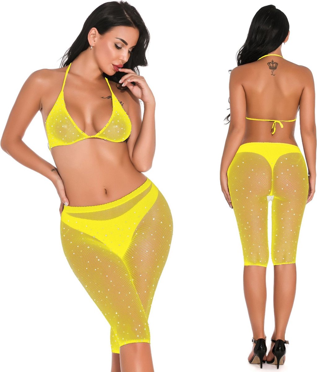Goedkoopste Glitter bh-set met broek geel - one-size