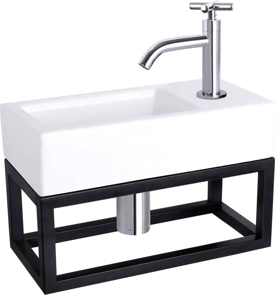 Differnz Ravo Fonteinset 38.5x18.5x25cm 1 kraangat gebogen kruisgreep chrome kraan met sifon en afvoerplug fontein Rechthoek Keramiek Wit