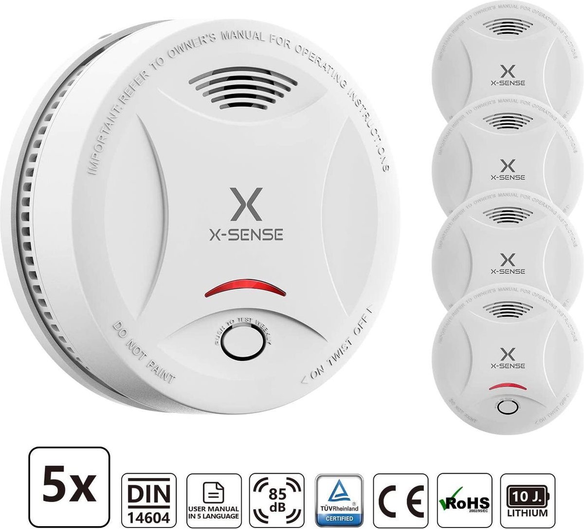 X- Sense SD13 Set de détecteurs de fumée - 5 pièces - avec 10 ans  d'autonomie