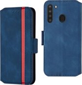 Voor Galaxy A21 vintage matte olierand horizontale flip lederen tas met beugel en kaartsleuven (blauw)