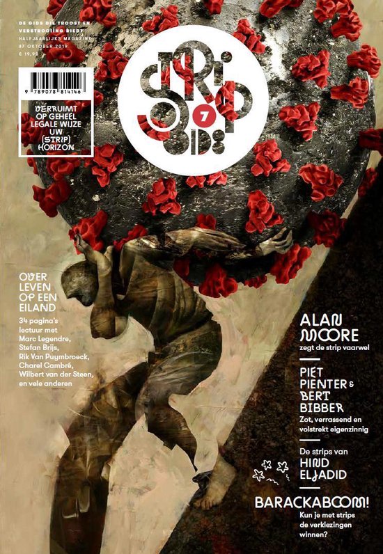 Stripgids 07, halfjaarlijks magazine, met een illustratie van een figuur die een grote bol met rode uitsteeksels draagt.