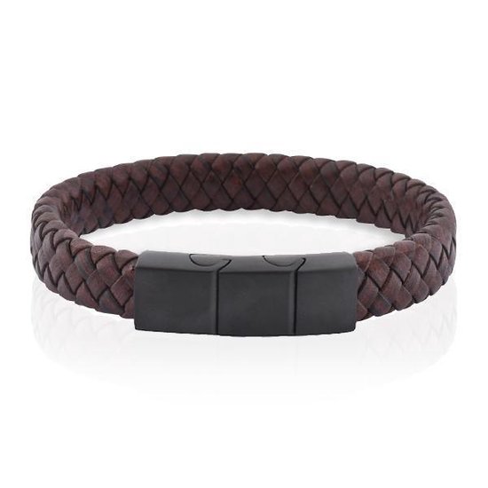 Armband Heren - Armband Mannen - Armband Dames - Heren Armband - Armband - Leer met Zwarte Schakel - Solid