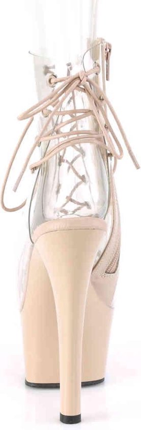 Arrière d'une botte compensée beige à tige transparente, lacets et fermeture éclair.