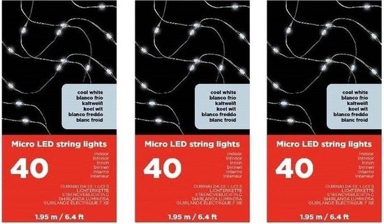3x Draadverlichting zilverdraad 40 witte lampjes - 195 cm