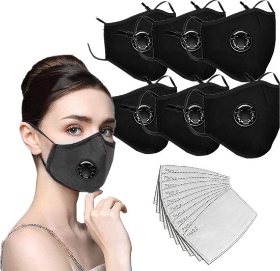 bol.com | Set 6 Stuks Uitwasbare mondmasker mondkapje Katoen | zwart | Face  Mask |...