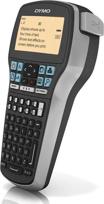 Zwarte en zilverkleurige DYMO labelmaker met oranje scherm.