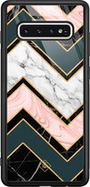 Samsung S10 hoesje glass - Marmer triangles | Samsung Galaxy S10 case | Hardcase backcover zwart