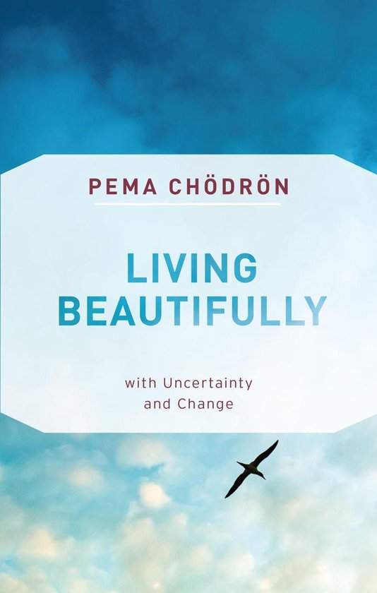 Boek 'Living Beautifully with Uncertainty and Change' van Pema Chödrön, met een vogel die vliegt tegen een blauwe lucht.
