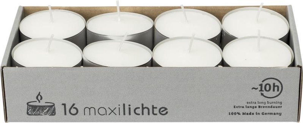 16x Witte maxi theelichtjes/waxinelichtjes 10 branduren Geurloze kaarsen -... | bol.com
