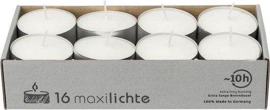 16x Witte maxi theelichtjes/waxinelichtjes 10 branduren - Geurloze kaarsen - Nightlights kaarsjes - Extra lange brandduur/brandtijd