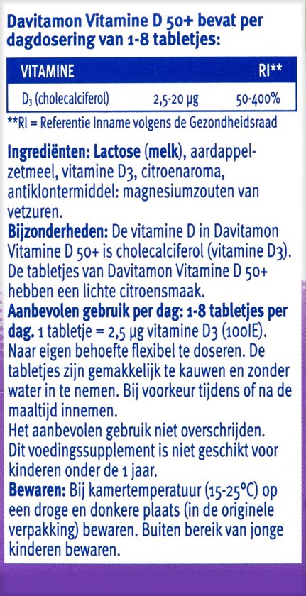 Davitamon Vitamine D 50+ productinformatie met tabel en tekst.