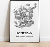 Rotterdam city poster, A3 (30x40 cm) met lijst, plattegrond poster, woonplaatsposter, woonposter