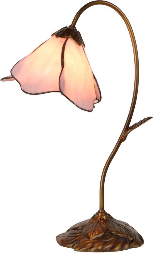 Lampe de table avec abat-jour en verre rose en forme de tulipe, base en bronze avec des feuilles.