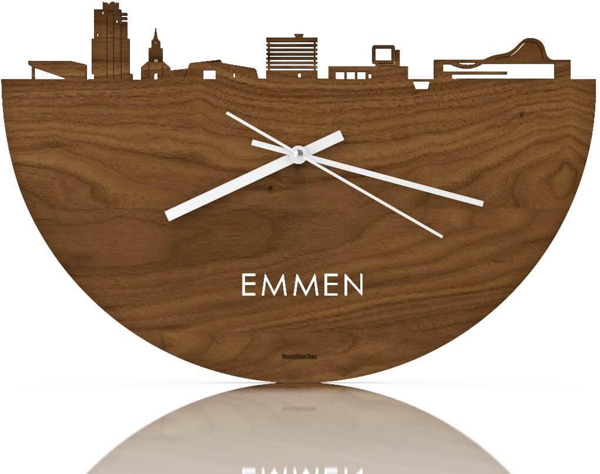 Skyline Klok Emmen Notenhout - Ø 40 cm - Stil uurwerk - Wanddecoratie - Meer steden beschikbaar - Woonkamer idee - Woondecoratie - City Art - Steden kunst - Cadeau voor hem - Cadeau voor haar - Jubileum - Trouwerij - Housewarming - WoodWideCities