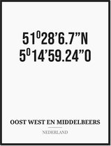 Poster/kaart OOST WEST EN MIDDELBEERS met coördinaten