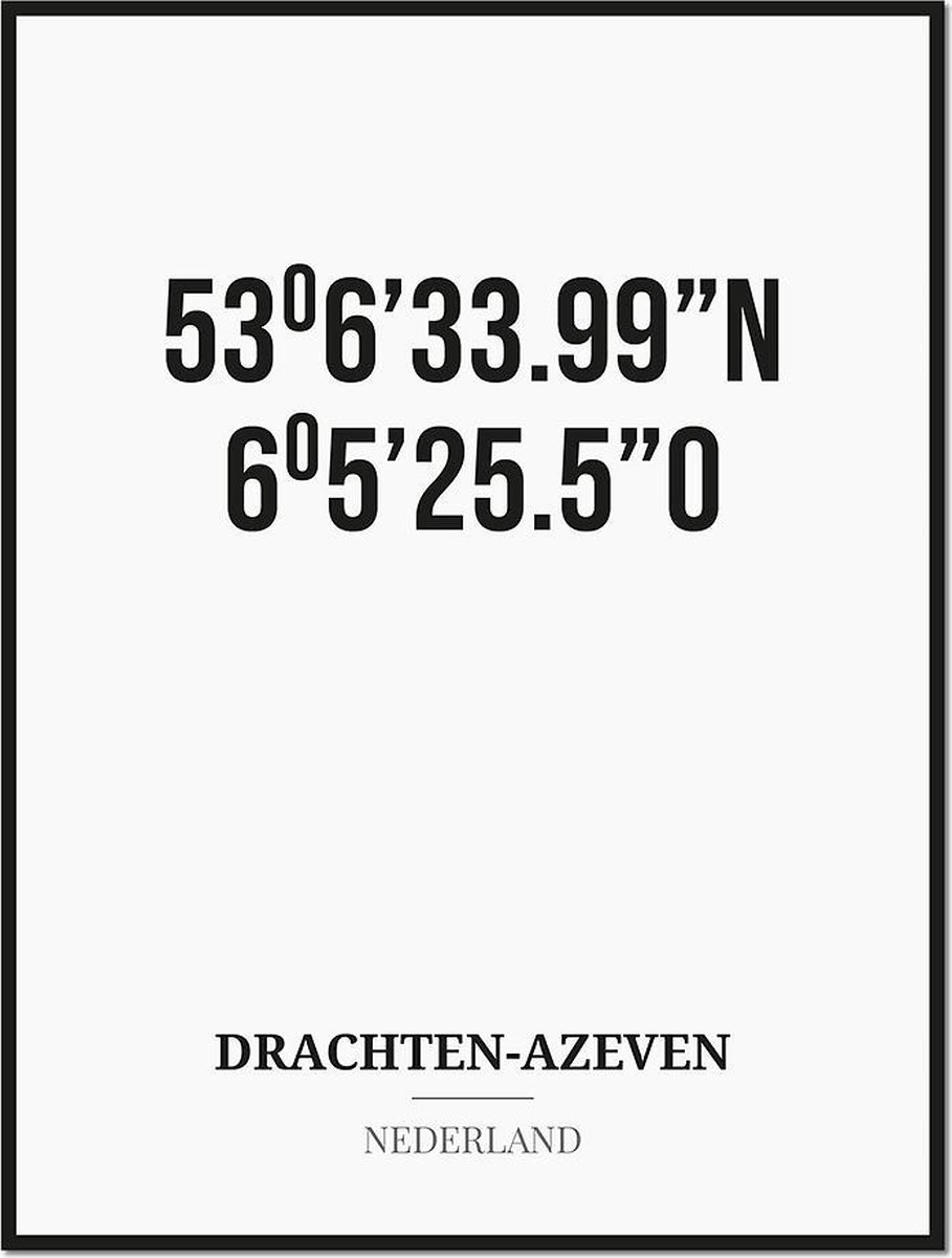 Studio216 Poster/kaart DRACHTEN-AZEVEN met coördinaten zwart, wit