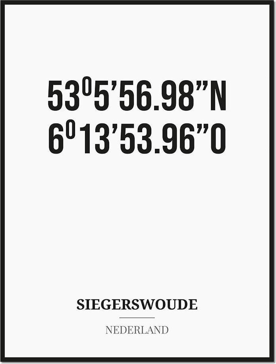 Studio216 Poster/kaart SIEGERSWOUDE met coördinaten zwart, wit