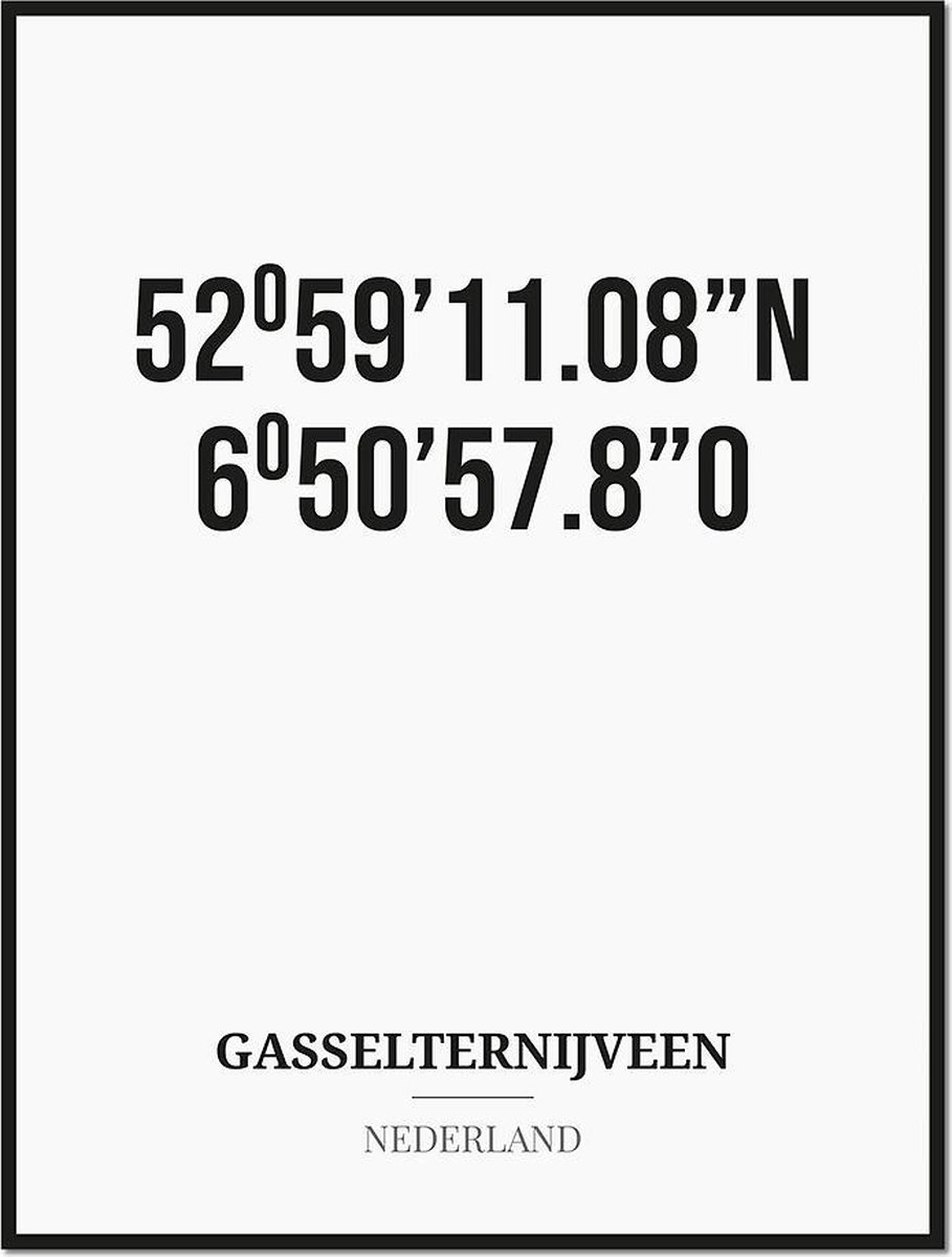 Studio216 Poster/kaart GASSELTERNIJVEEN met coördinaten zwart, wit