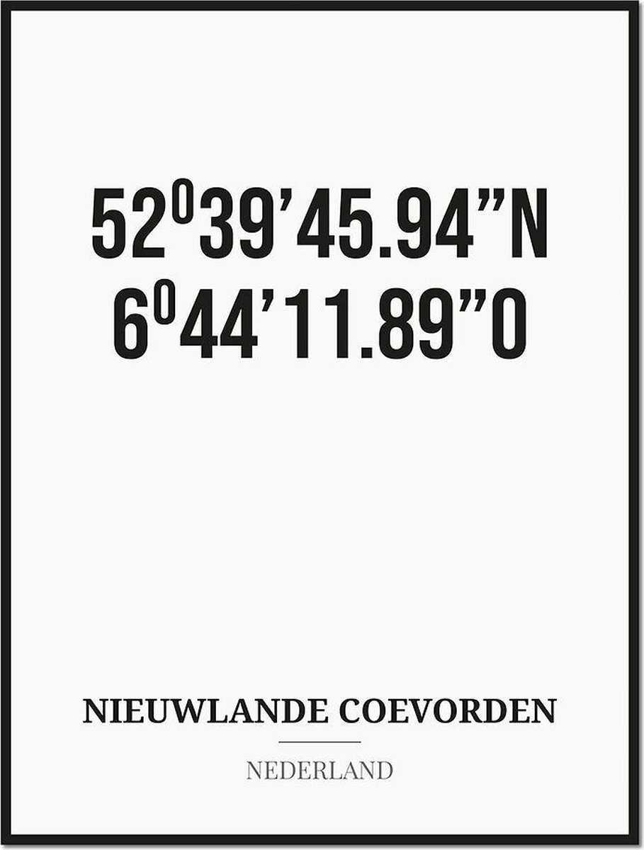 Studio216 Poster/kaart NIEUWLANDE COEVORDEN met coördinaten zwart, wit