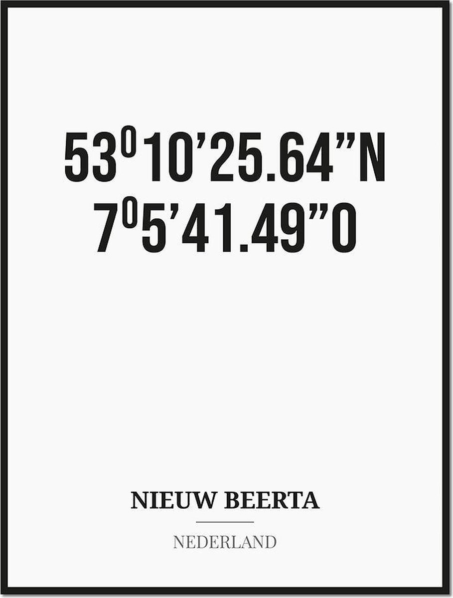 Studio216 Poster/kaart NIEUW BEERTA met coördinaten zwart, wit