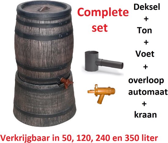 Mand ondernemer Dij Exellent Regenton met voet, houtlook, 50 liter, incl. regenton vulautomaat  en kraan | bol.com